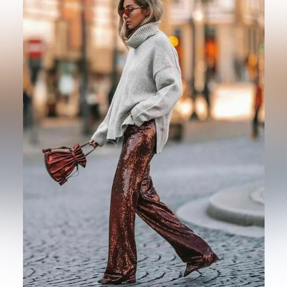 Zara limited edition burgundy sequin pants - Picture 1 of 7